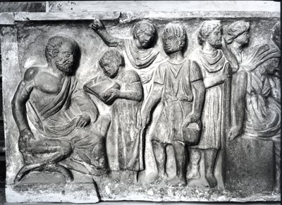 Relief depicting a boy reading to his teacher, detail from the Sarcophagus of the Conclamation by Roman